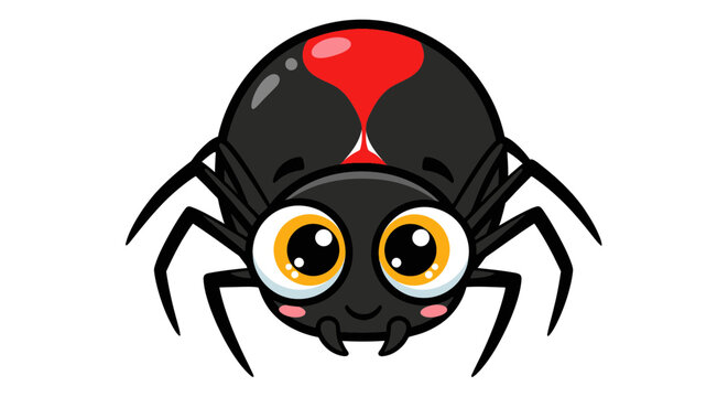 Cute Cartoon Black Widow Spider with Red Hourglass Symbol