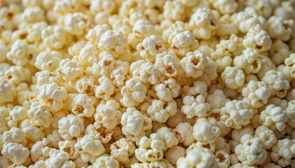 Close up of freshly popped white popcorn with soft lighting and warm tones filling the frame completely