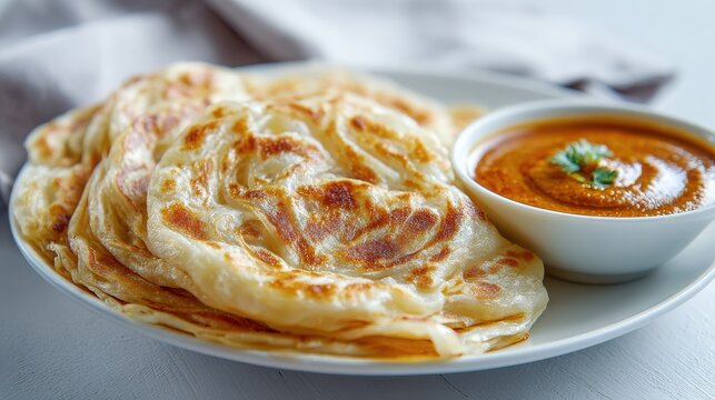 Golden Brown Roti Canai Served With Aromatic Curry Dip With Garnished Cilantro On White Plate