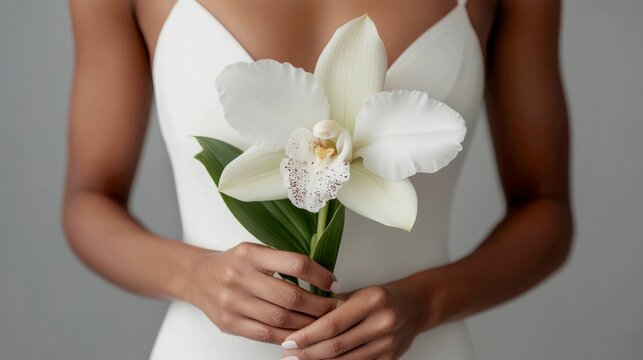 The ultimate in minimalist bridal style. A bride holds a single, magnificent white cymbidium orchid bloom with a long, elegant stem