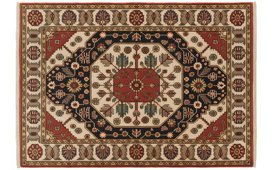 Intricate traditional rug featuring geometric and floral patterns with rich color contrasts