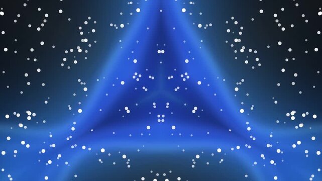 Blue triangular stage with spotlights and bokeh lights.