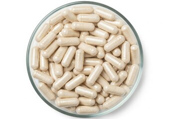 A close-up view of a bowl filled with numerous off-white colored probiotic capsules. isolated on white background