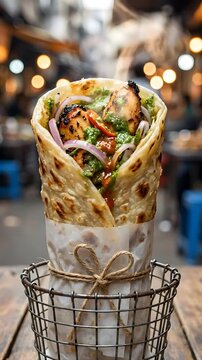 Delicious Chicken Kathi Roll with Green Chutney and Onions on a Wooden Table in an Outdoor Market Setting with Soft Bokeh Lights