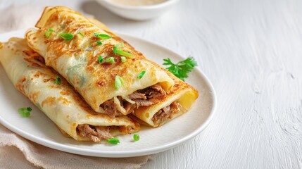 Golden Crepes Filled With Savory Meat Topping Garnished With Fresh Green Herbs And Spring Onions