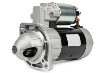 A close-up view of a powerful automotive alternator with a black and silver finish. isolated on white background