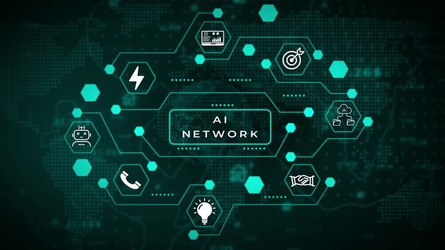 Digital network connections and data flow visualized with glowing teal hexagonal nodes and a central rectangular interface against a dark teal map background with subtle grid patterns and glowing