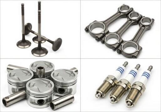Assorted engine components including pistons, connecting rods, and spark plugs isolated on white background
