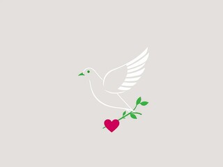 Obraz premium Minimalist dove of peace, no war symbol, heart, green sprig, line art, plant, sprig