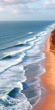 Iconic left-hand surf break showcasing powerful ocean swells breaking on a long, sandy coastline,  adventure,  ride