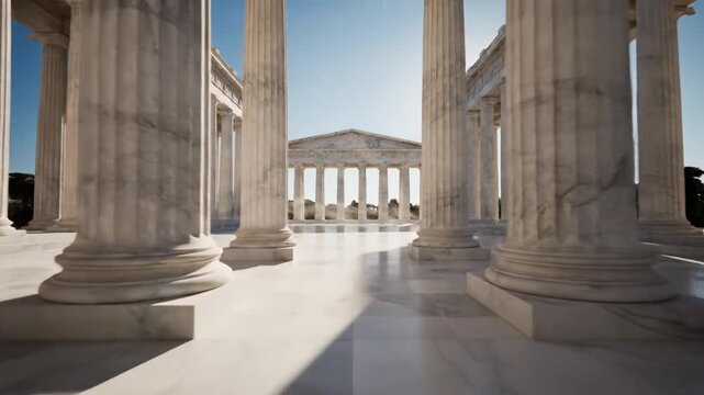 Low-angle shot of a row of tall, white marble columns leading to a triangular pedimented building with a clear blue sky in the background.