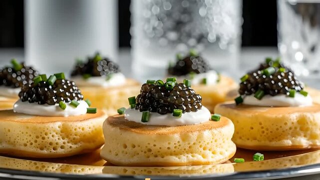 Elegant blini with black caviar and sour cream next to chilled vodka glasses
