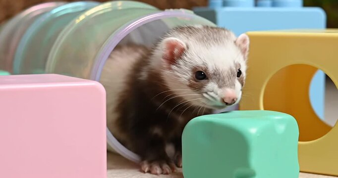 A playful ferret exploring colorful building blocks and a tunnel in a cozy indoor setting