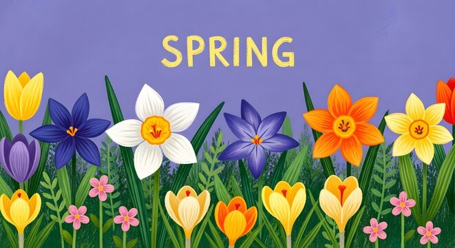 Vibrant spring flowers in a field with the word spring in yellow