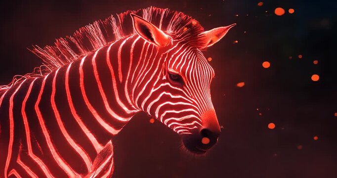 A glowing zebra with vibrant red stripes stands against a mystical background with ethereal lights