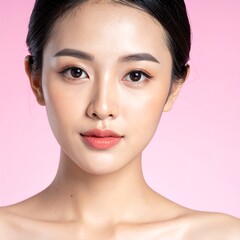 Fototapeta premium Close-up studio shot of a beautiful young woman with flawless skin, makeup, and dark hair against a pink backdrop