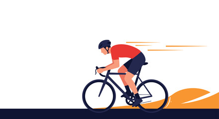 Naklejka premium Professional road cyclist wearing a red jersey and helmet riding a bicycle fast against a white background with speed lines.
