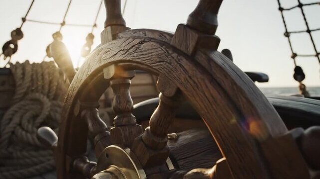 A Cinematic Journey: Exploring the Details of a Wooden Ship's Steering Wheel in Sunlight