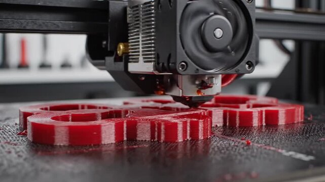 3D printer creating red plastic object with intricate design.