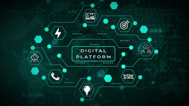 Digital network interface with interconnected hexagonal nodes and a central rectangular data processing area against a dark teal global map background with glowing dot grid