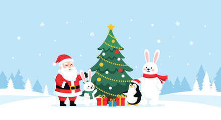 Joyful Christmas scene with Santa Claus, rabbit, penguin, and polar bear celebrating around decorated evergreen tree.