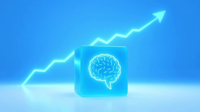 Glowing blue brain icon with upward arrow graph
