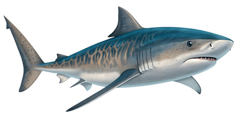 Obraz premium Detailed of a tiger shark swimming with visible gills and pectoral fins isolated on a transparent background