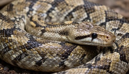 Fototapeta premium Close-up of a coiled rattlesnake with intricate scale patterns and distinctive head markings.