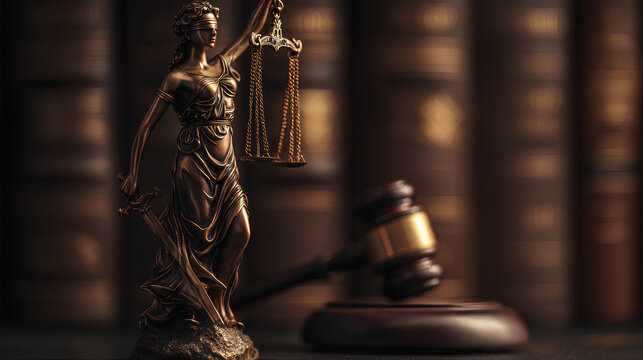 Legal Concept Themis Goddess of Justice and Judge Gavel Hammer as Symbol of Law and Order