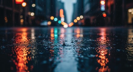 City street lights reflecting on wet pavement.