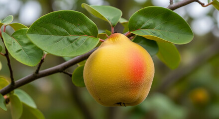 Vibrant yellow pear with red blush hanging from tree branch with green leaves in garden