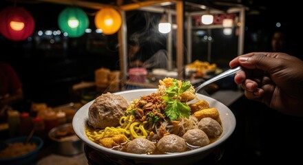 Delicious Indonesian Meatball Soup - Bakso with Noodles.
