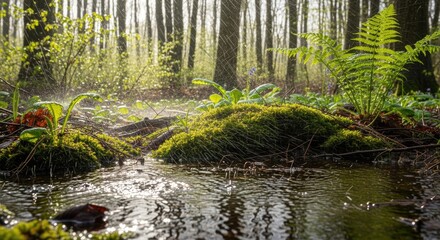 Forest Stream - Serene Sunlight and Lush Greenery.