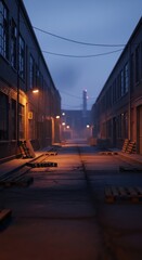 Gloomy Alleyway Between Industrial Buildings at Dusk.