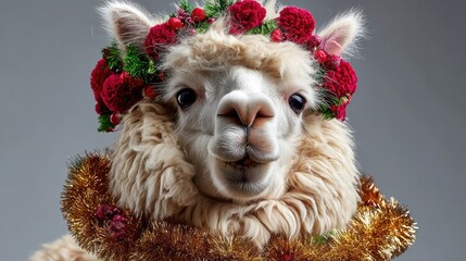 Fototapeta premium Adorable Alpaca with Flower Crown and Tinsel Garland for Holiday Celebration, Captivating Expression and Festive Look perfect for Christmas and New Year Events