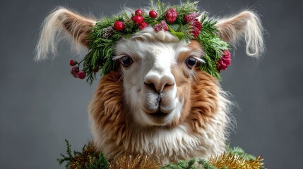 Fototapeta premium Adorable Llama with Festive Greenery and Holiday Decorations, Perfect for Seasonal Celebrations or Fun Winter-Themed Projects in Photography or Art