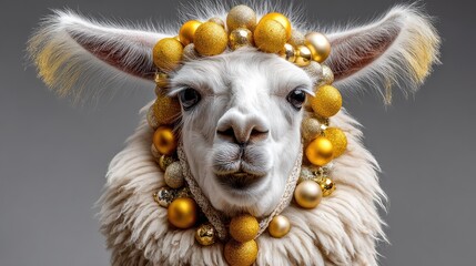 Fototapeta premium Adorable llama adorned with golden ornaments and beads, showcasing a whimsical and festive holiday spirit in a charming and playful portrait artwork.