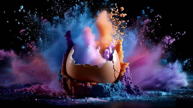 An explosion of vibrant colors emanates from a cracked eggshell, creating a dazzling display of purple, orange, and blue pigments in dramatic fashion.