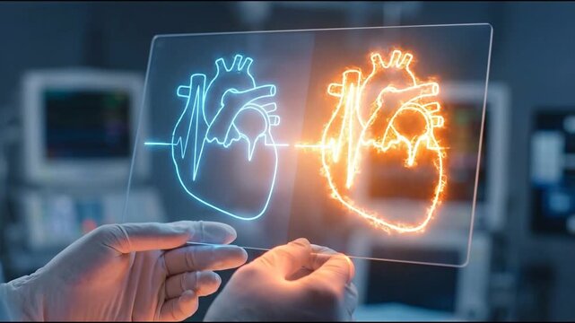 Futuristic medical heart atrial fibrillation afib hologram diagnosis hospital lab with glowing cardiology monitor for cardiac rhythm disorder arrhythmia healthcare research technology transparent