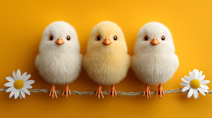 Fototapeta premium Bright yellow Easter backdrop with fluffy chicks and daisy chains, perfect for cheerful promotions and seasonal marketing visuals.