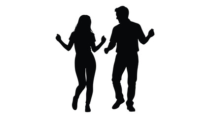 Fototapeta premium Silhouettes of a man and woman joyfully dancing with arms raised