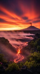 Volcanic Eruption Under Fiery Sunset.