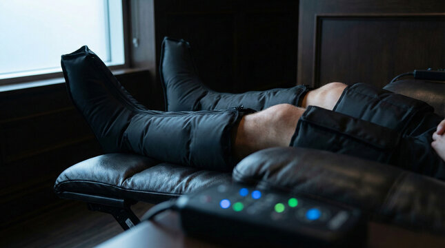 Athlete Using Sequential Compression Recovery Boots in Dark Lounge Setting