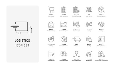 物流プロセス・倉庫管理・配送管理・DXのラインアイコンセット