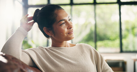 Couch, thinking and woman in home with smile for inspiration, break or resting in lounge....