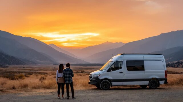 A young couple enjoys the golden hour beside their camper van, surrounded by majestic mountains and open fields. The scene captures freedom, wanderlust, and outdoor exploration