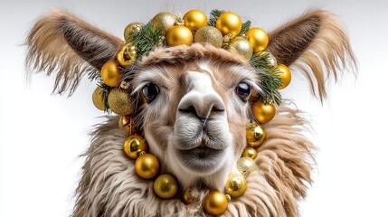 Fototapeta premium Llama Dressed in Festive Holiday Ornament Crown, Showcasing Cheerful Expression Against Soft Background with Vibrant Holiday Colors and Decorations