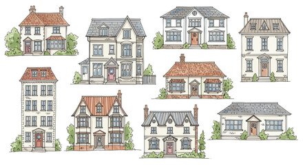 Fototapeta premium Collection of detailed watercolor illustrations of various houses