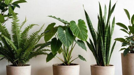 Fototapeta premium Variety of indoor potted plants on display against white background.