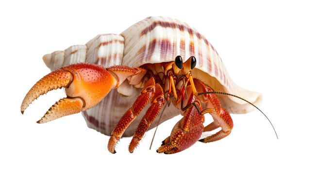 Vibrant orange hermit crab with large claw peeking out of a striped shell, isolated on white.